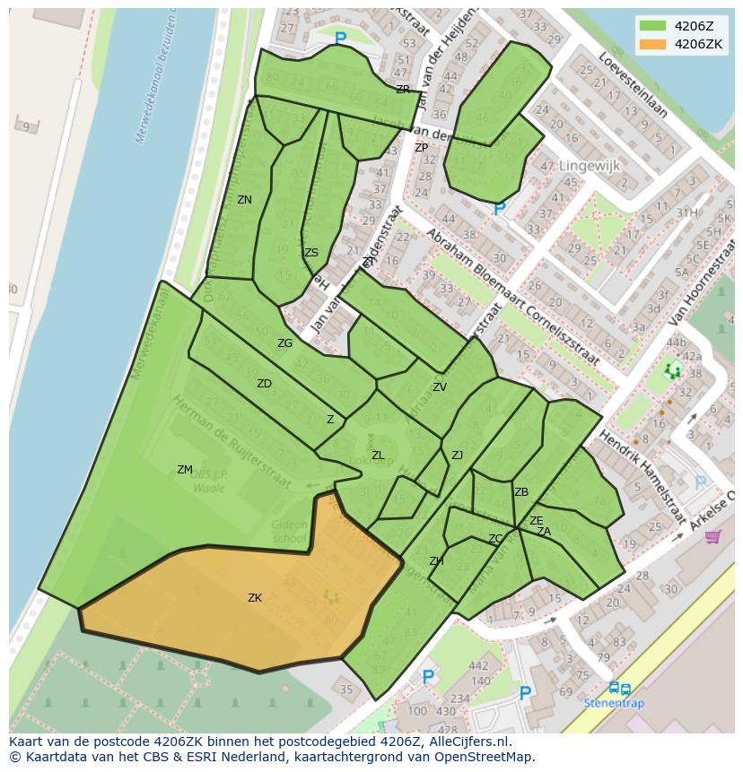 Afbeelding van het postcodegebied 4206 ZK op de kaart.