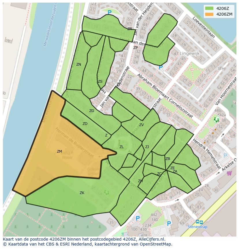 Afbeelding van het postcodegebied 4206 ZM op de kaart.