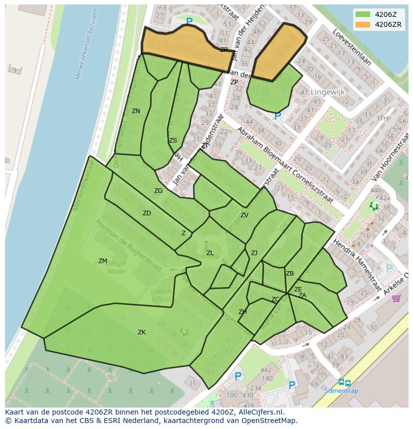Afbeelding van het postcodegebied 4206 ZR op de kaart.