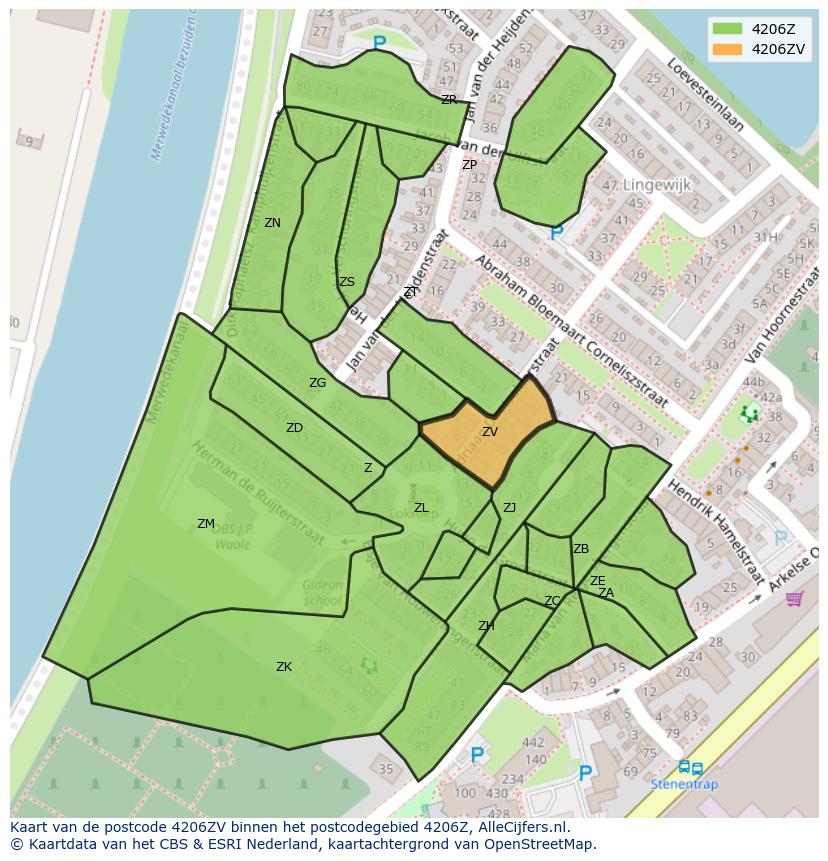 Afbeelding van het postcodegebied 4206 ZV op de kaart.