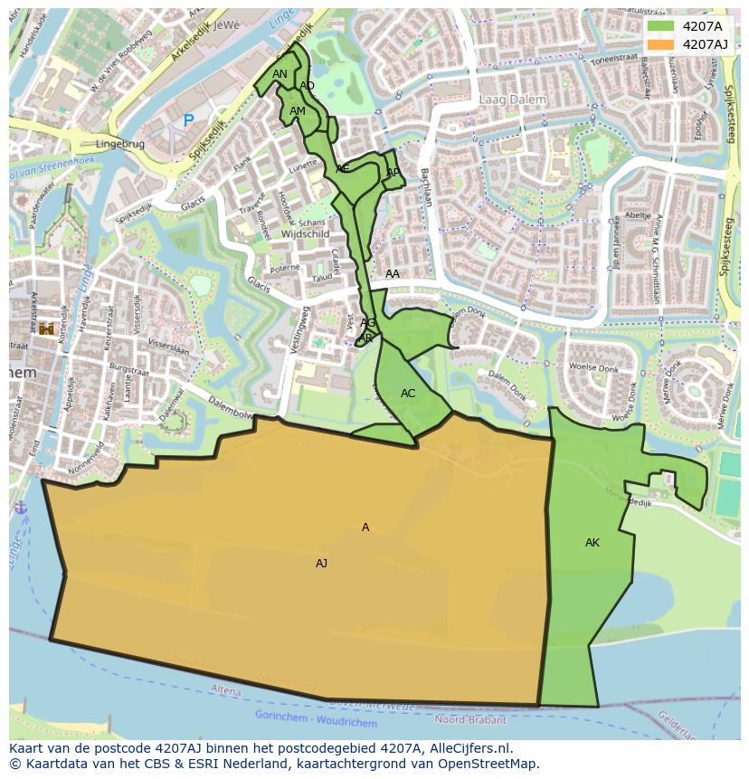 Afbeelding van het postcodegebied 4207 AJ op de kaart.