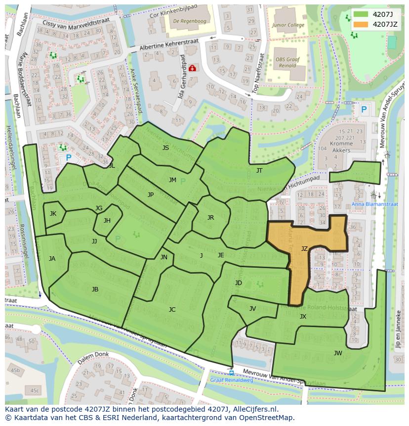 Afbeelding van het postcodegebied 4207 JZ op de kaart.