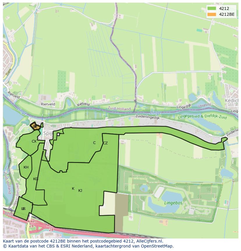 Afbeelding van het postcodegebied 4212 BE op de kaart.