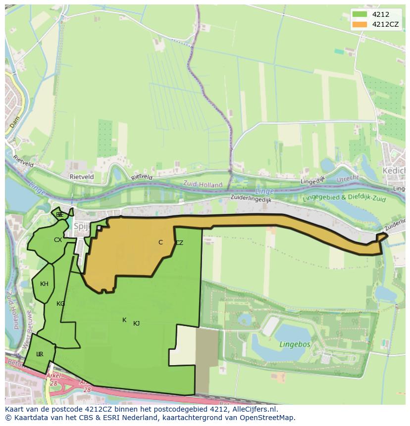 Afbeelding van het postcodegebied 4212 CZ op de kaart.