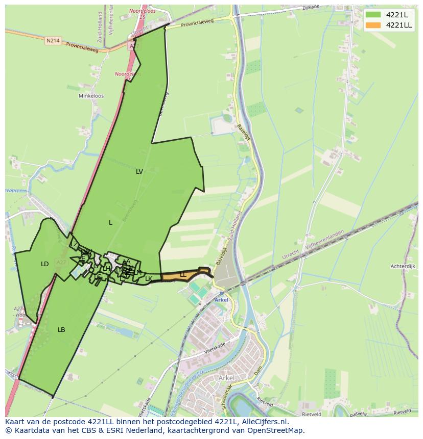 Afbeelding van het postcodegebied 4221 LL op de kaart.