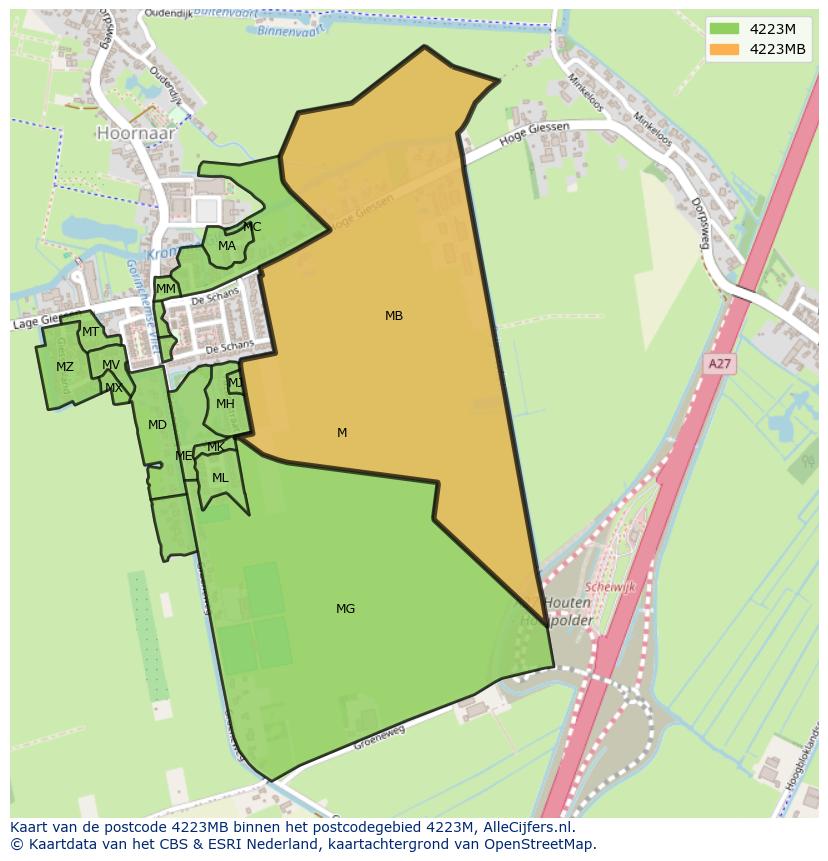 Afbeelding van het postcodegebied 4223 MB op de kaart.