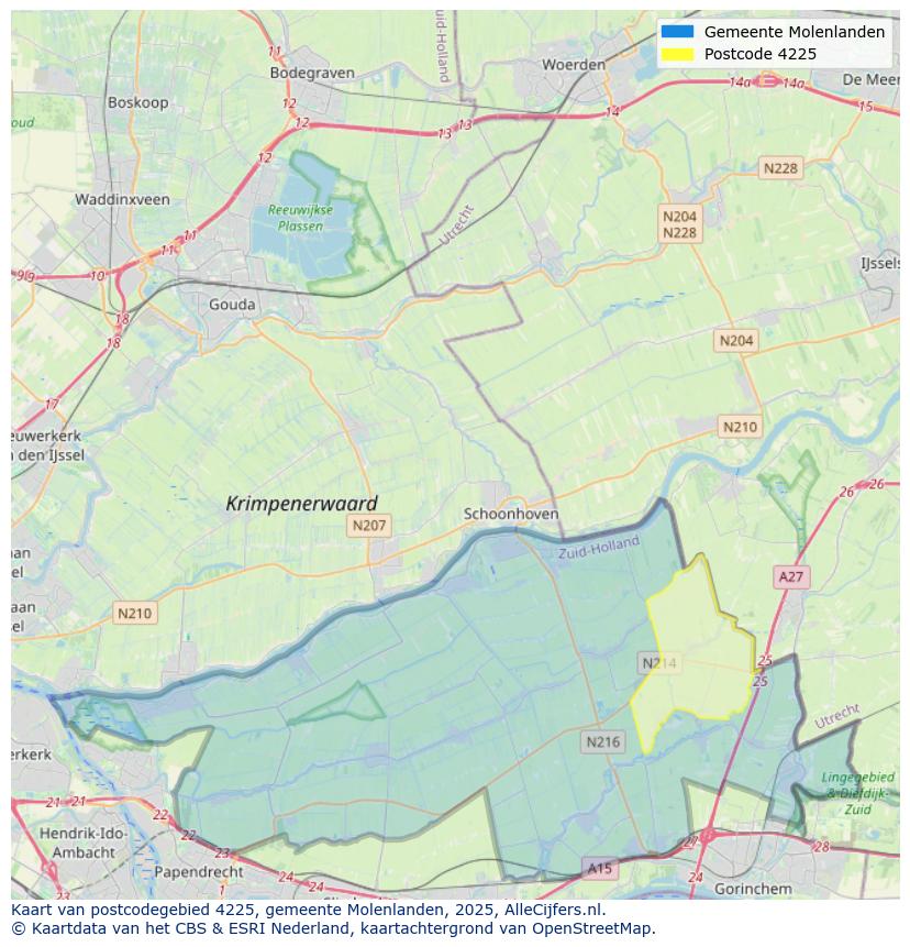 Afbeelding van het postcodegebied 4225 op de kaart.