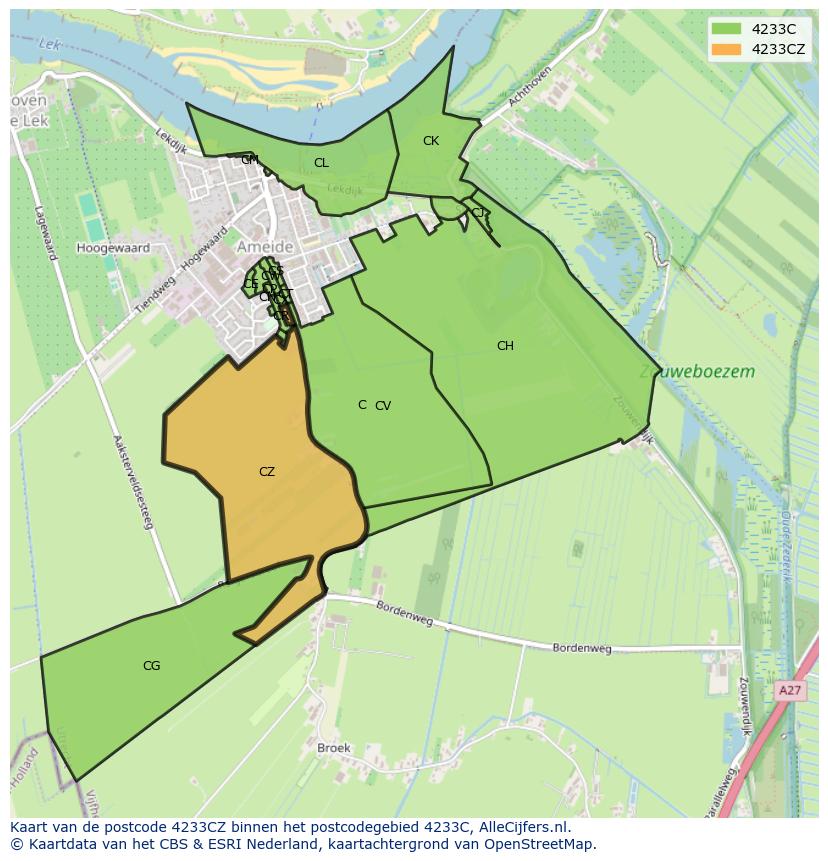 Afbeelding van het postcodegebied 4233 CZ op de kaart.