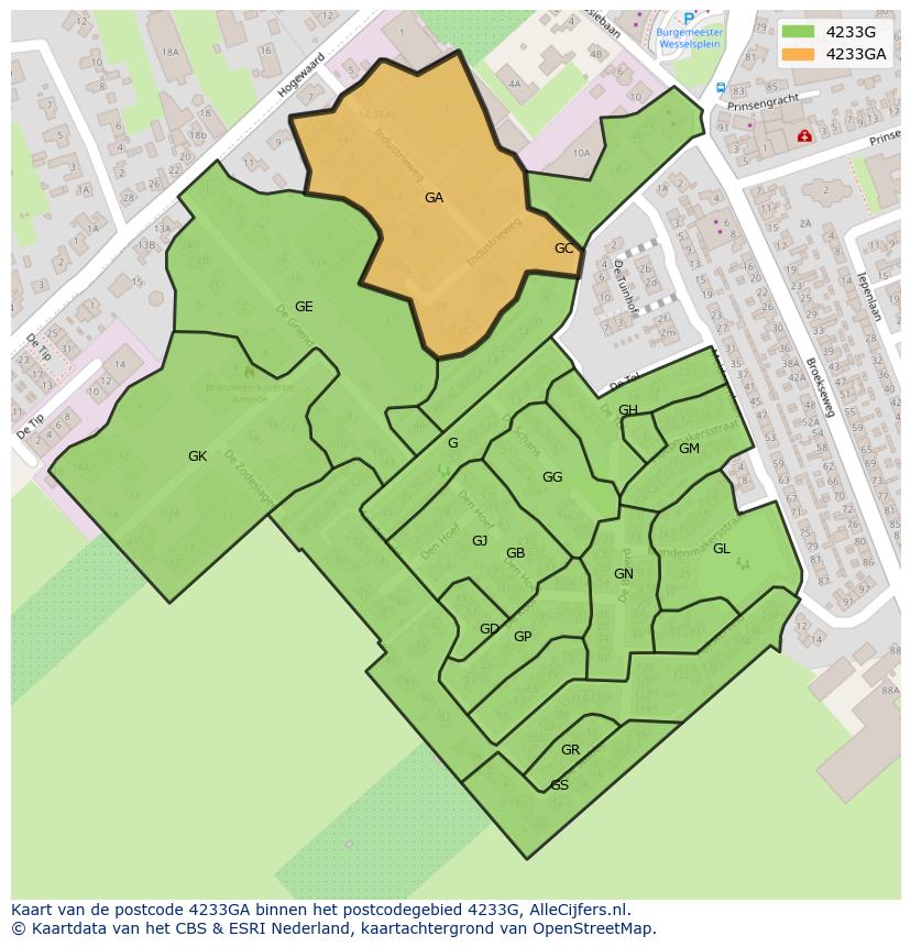 Afbeelding van het postcodegebied 4233 GA op de kaart.
