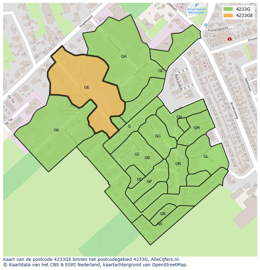 Afbeelding van het postcodegebied 4233 GE op de kaart.