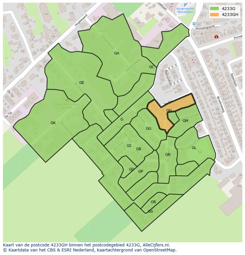 Afbeelding van het postcodegebied 4233 GH op de kaart.