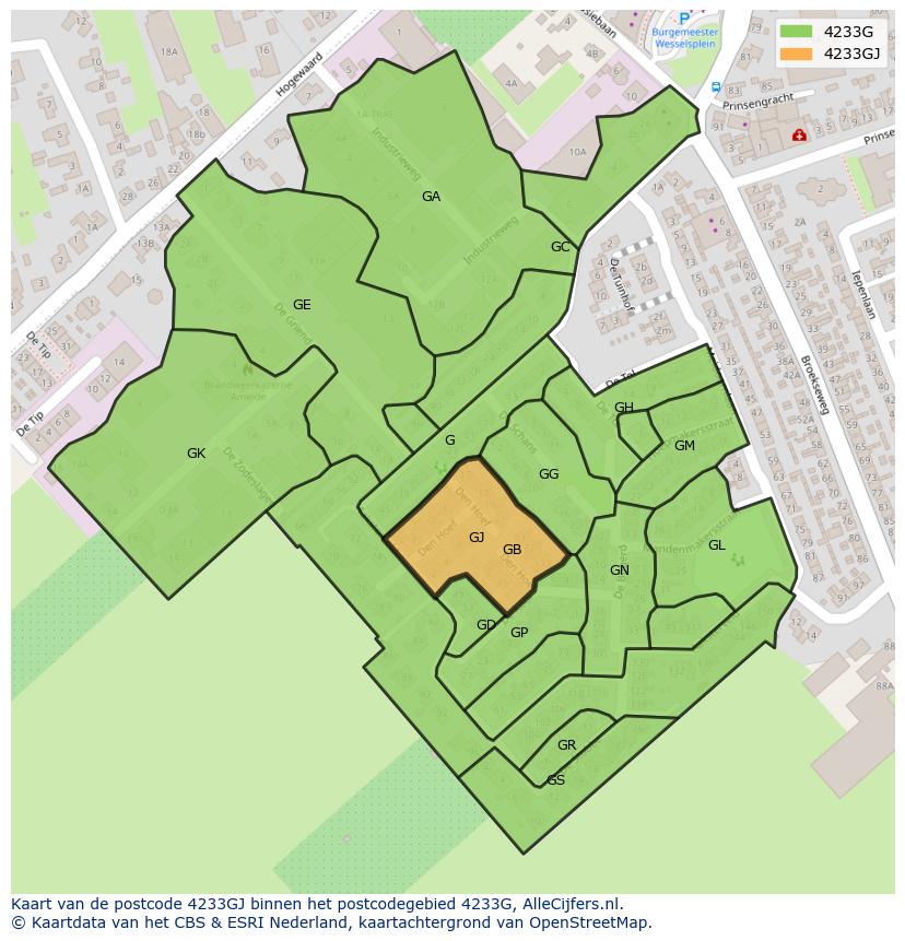 Afbeelding van het postcodegebied 4233 GJ op de kaart.