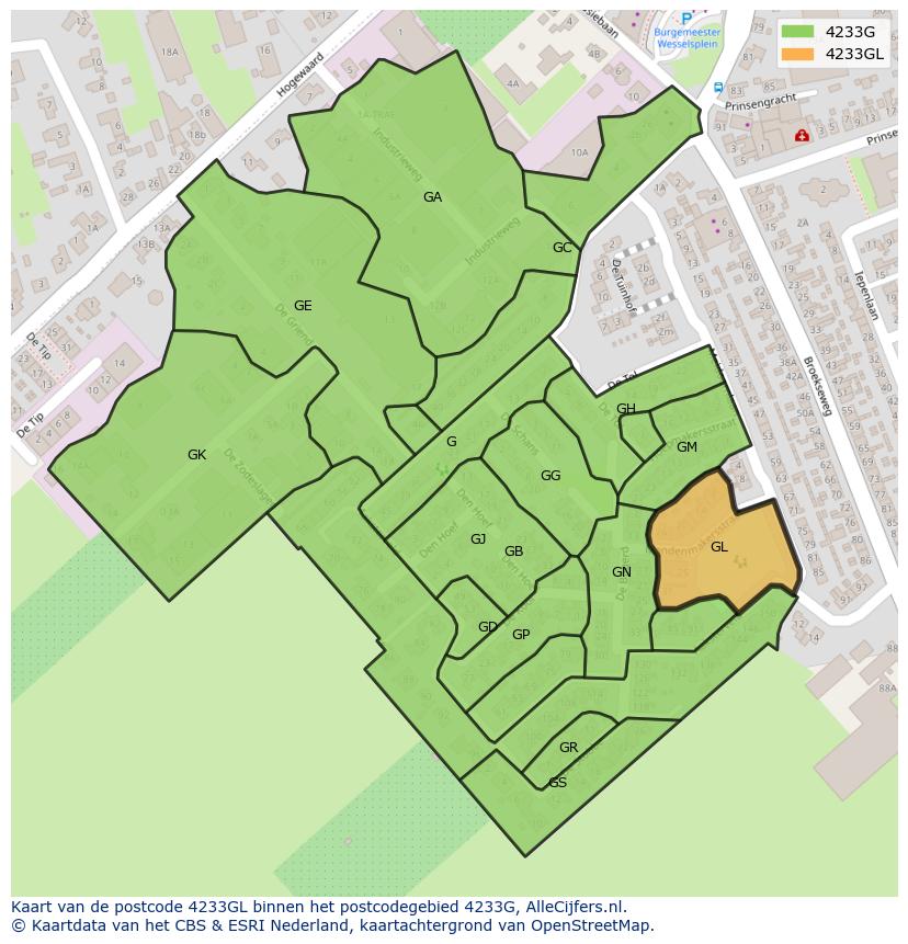 Afbeelding van het postcodegebied 4233 GL op de kaart.