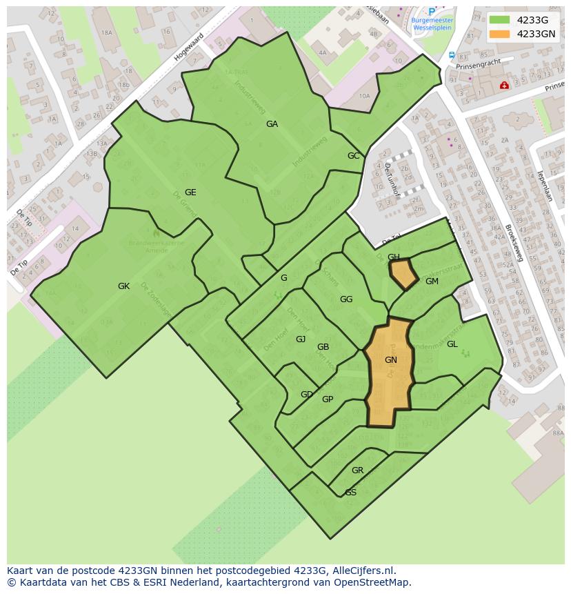 Afbeelding van het postcodegebied 4233 GN op de kaart.