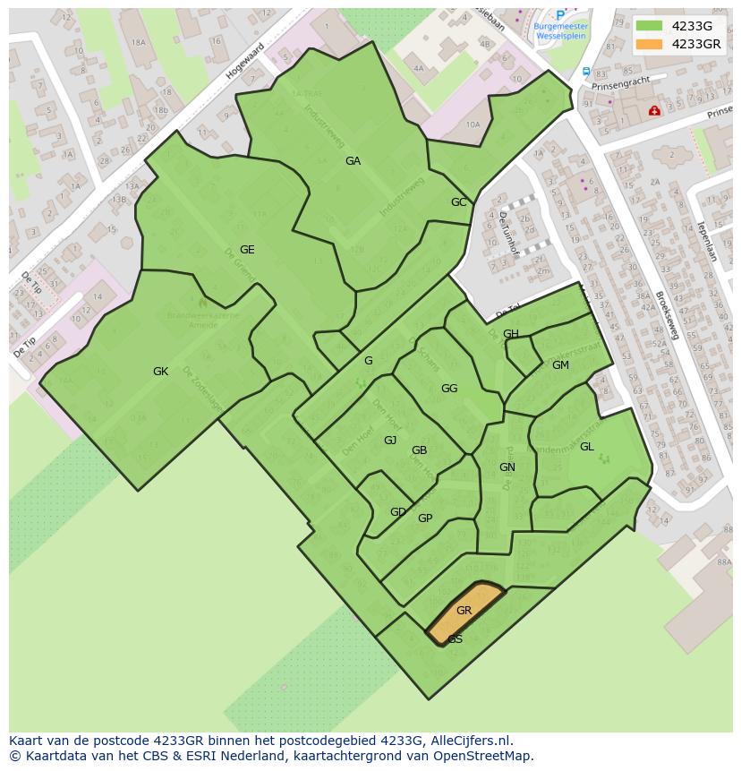 Afbeelding van het postcodegebied 4233 GR op de kaart.