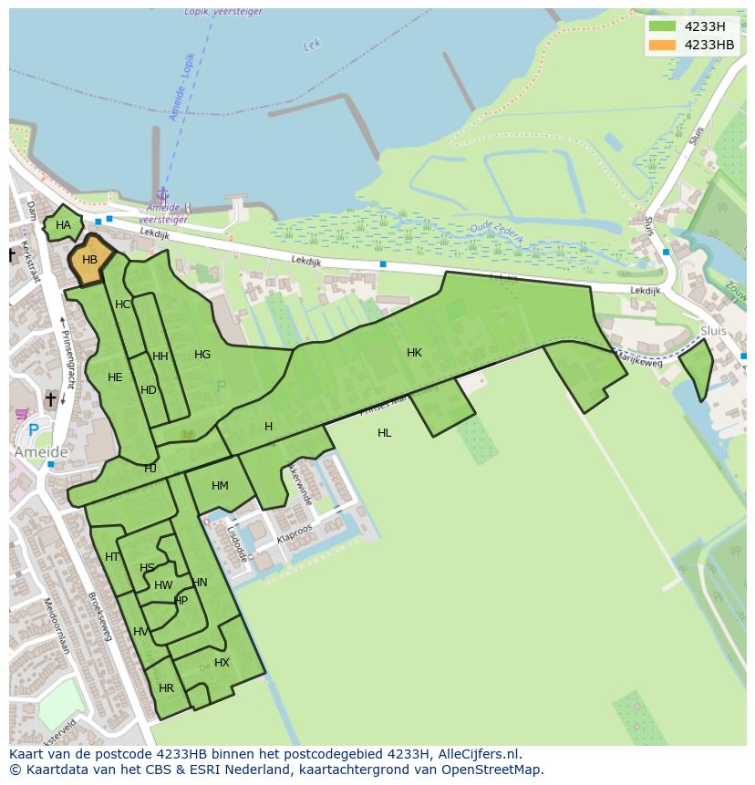 Afbeelding van het postcodegebied 4233 HB op de kaart.