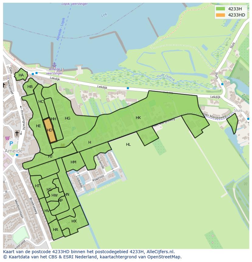 Afbeelding van het postcodegebied 4233 HD op de kaart.