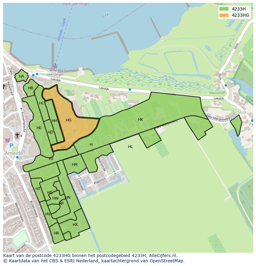 Afbeelding van het postcodegebied 4233 HG op de kaart.