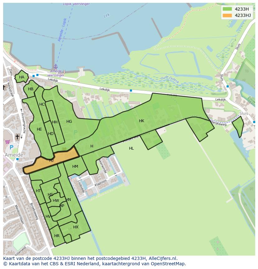 Afbeelding van het postcodegebied 4233 HJ op de kaart.