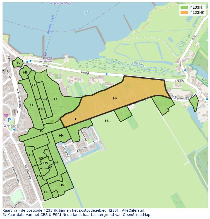 Afbeelding van het postcodegebied 4233 HK op de kaart.