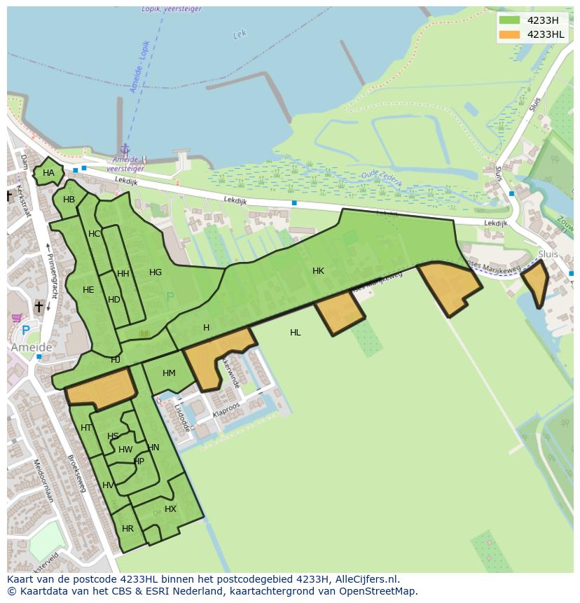 Afbeelding van het postcodegebied 4233 HL op de kaart.