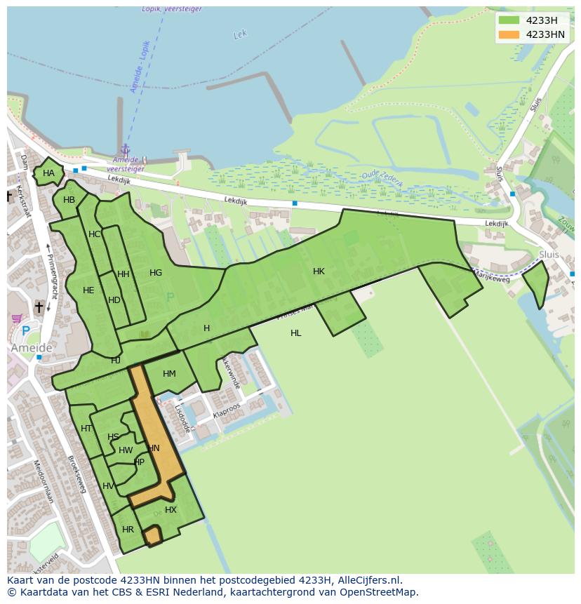 Afbeelding van het postcodegebied 4233 HN op de kaart.