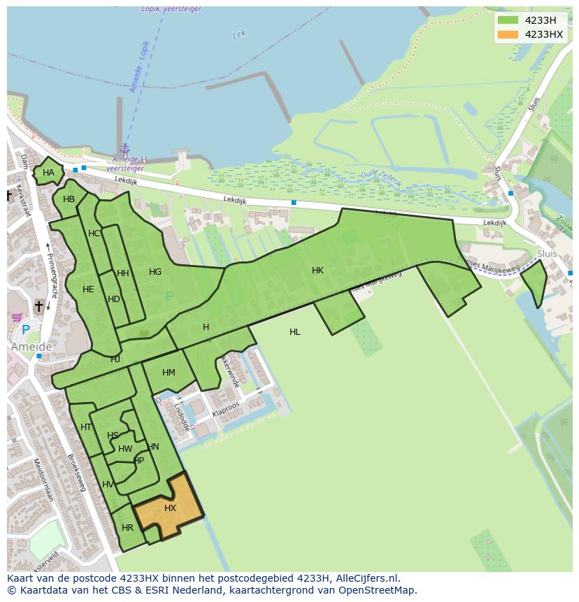 Afbeelding van het postcodegebied 4233 HX op de kaart.