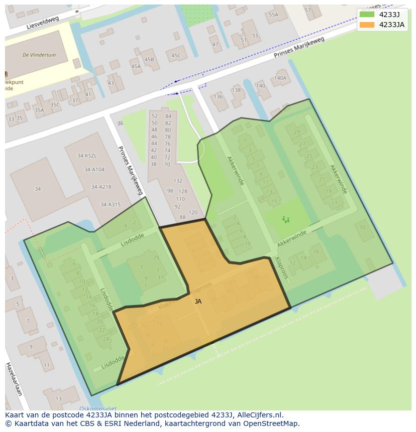 Afbeelding van het postcodegebied 4233 JA op de kaart.