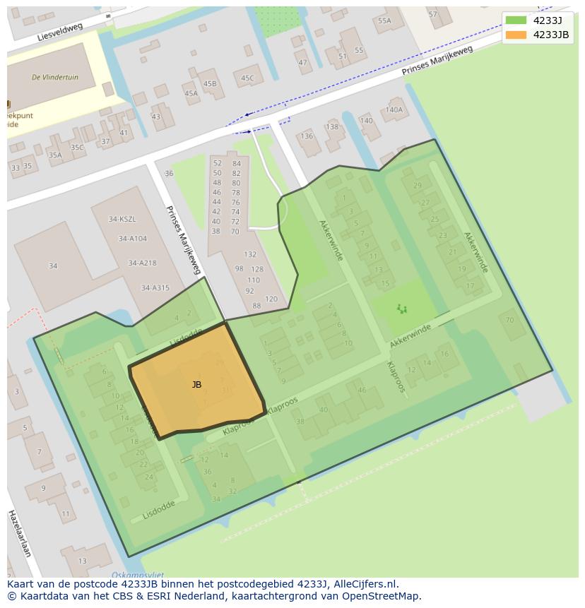 Afbeelding van het postcodegebied 4233 JB op de kaart.