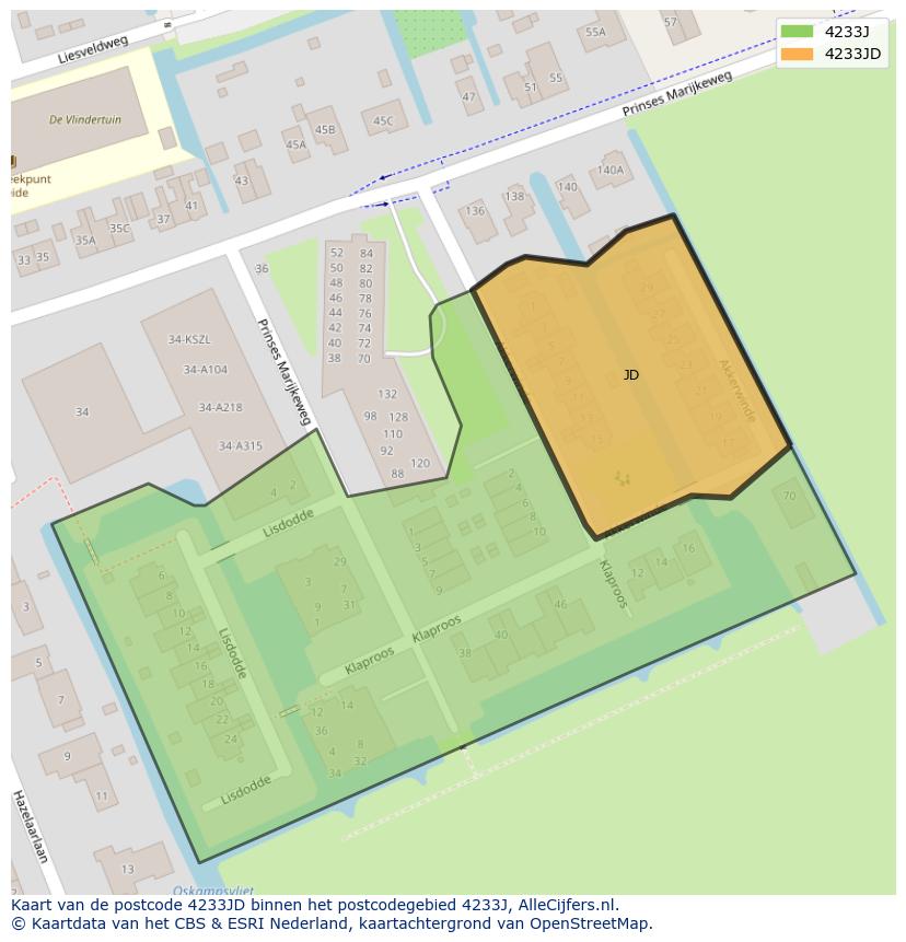 Afbeelding van het postcodegebied 4233 JD op de kaart.