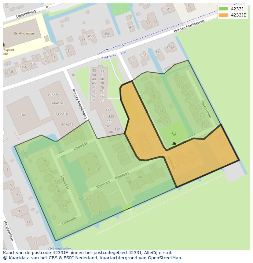 Afbeelding van het postcodegebied 4233 JE op de kaart.