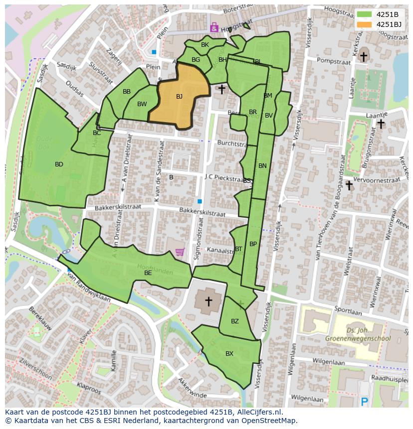 Afbeelding van het postcodegebied 4251 BJ op de kaart.