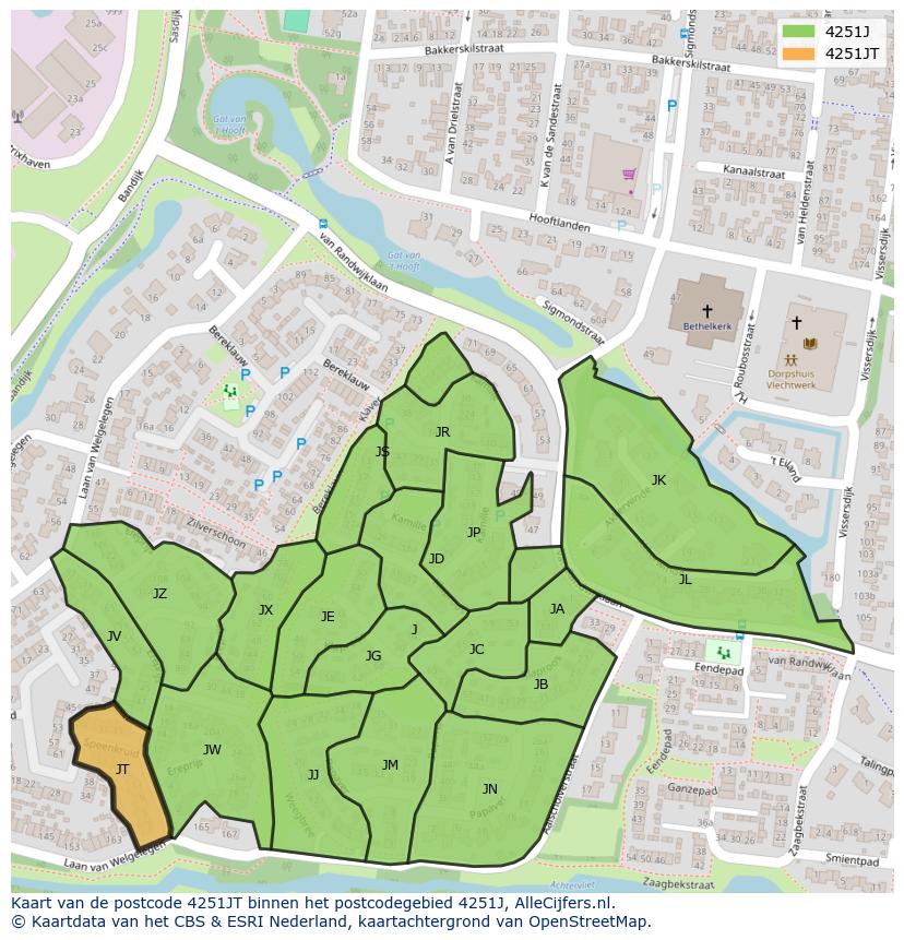 Afbeelding van het postcodegebied 4251 JT op de kaart.