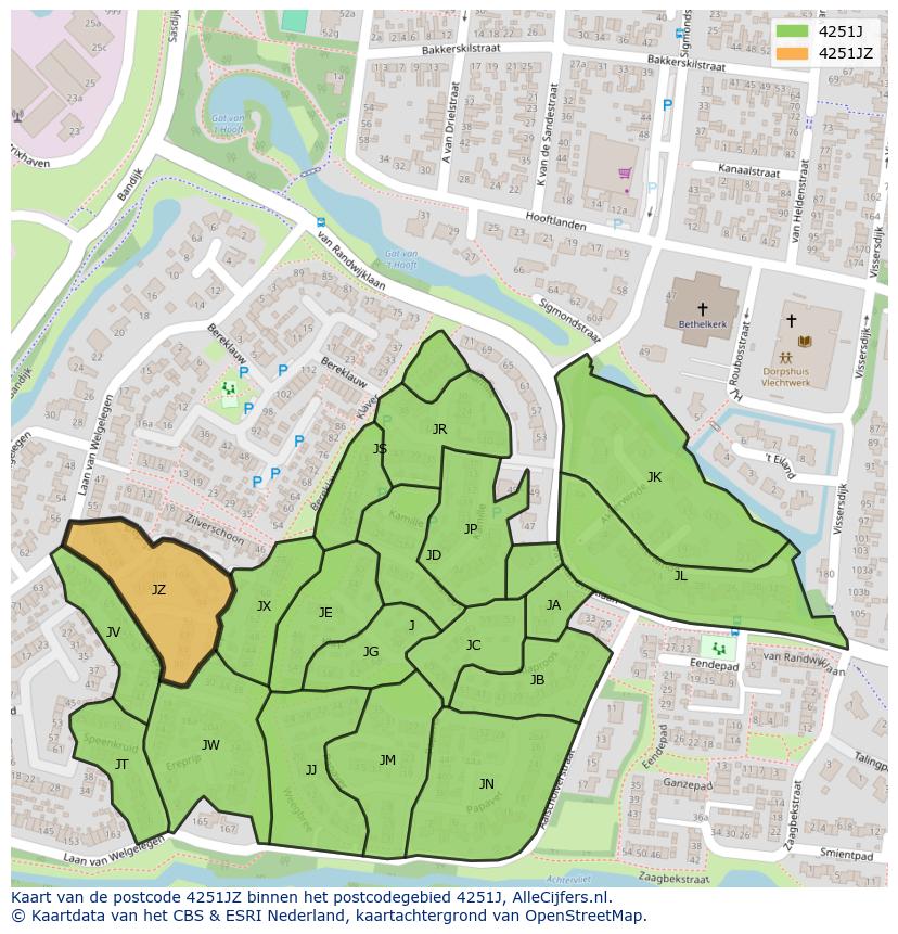 Afbeelding van het postcodegebied 4251 JZ op de kaart.