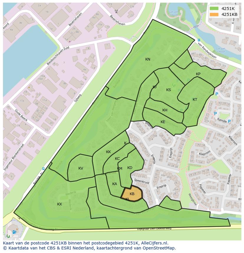 Afbeelding van het postcodegebied 4251 KB op de kaart.