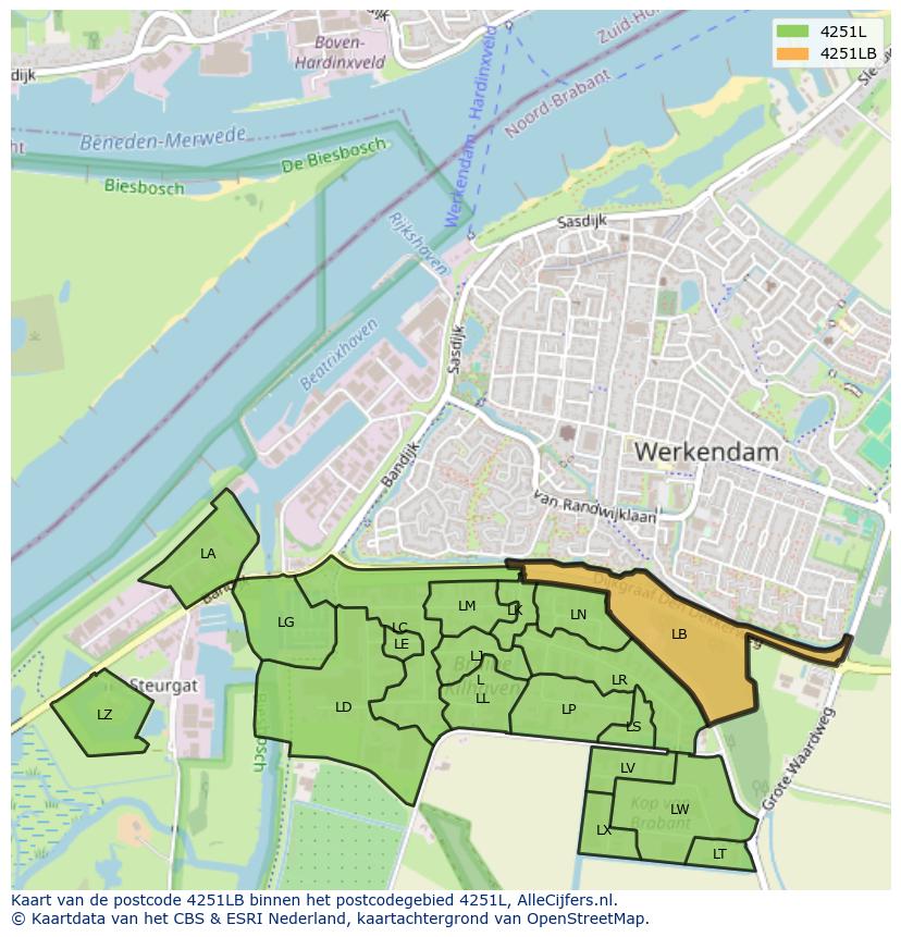Afbeelding van het postcodegebied 4251 LB op de kaart.