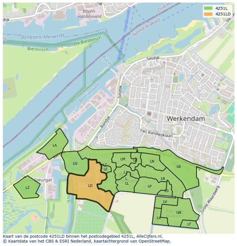 Afbeelding van het postcodegebied 4251 LD op de kaart.