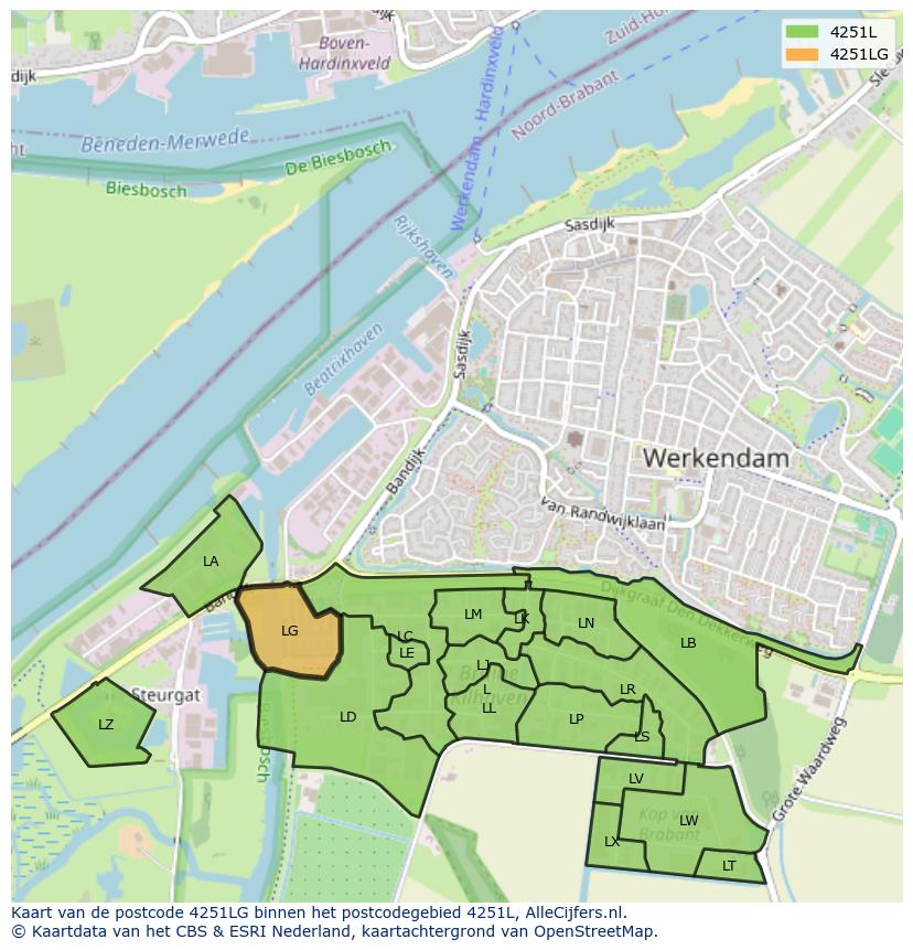 Afbeelding van het postcodegebied 4251 LG op de kaart.