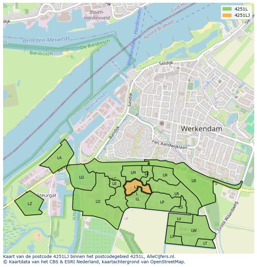 Afbeelding van het postcodegebied 4251 LJ op de kaart.