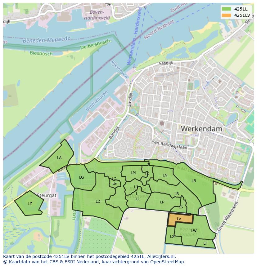 Afbeelding van het postcodegebied 4251 LV op de kaart.