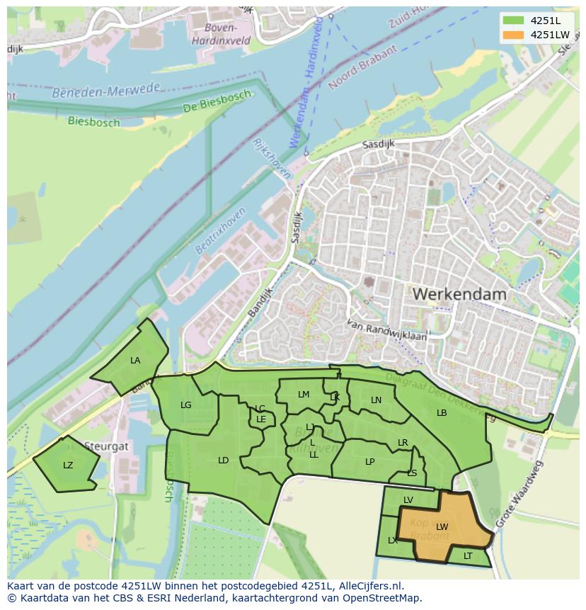 Afbeelding van het postcodegebied 4251 LW op de kaart.