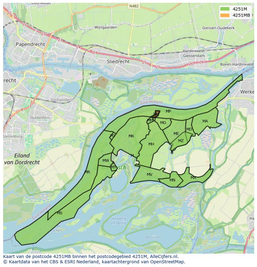 Afbeelding van het postcodegebied 4251 MB op de kaart.