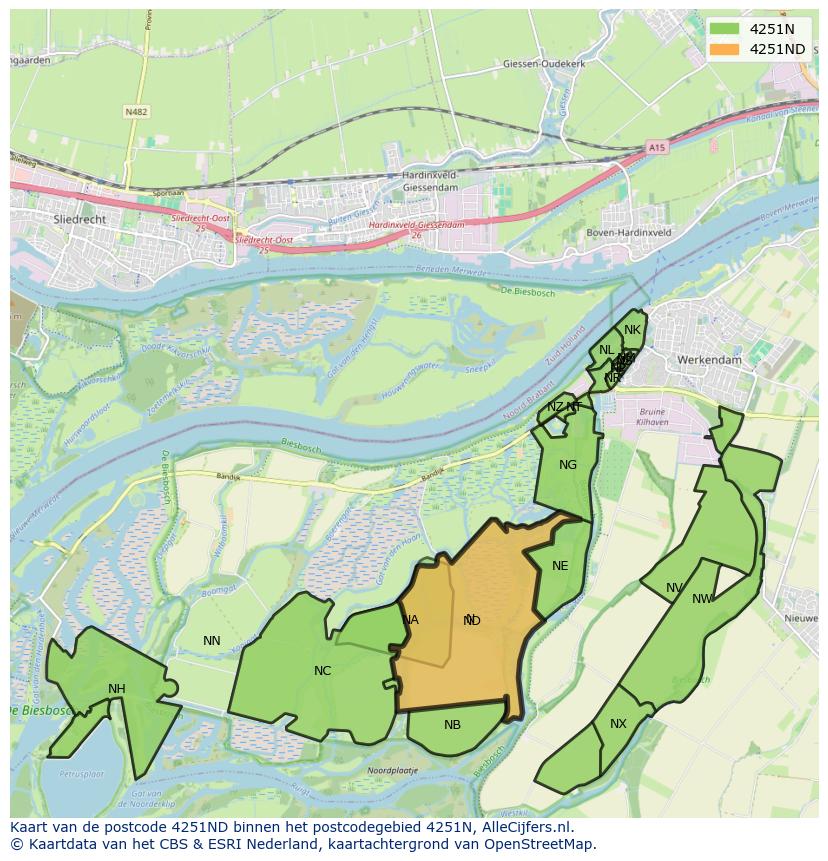 Afbeelding van het postcodegebied 4251 ND op de kaart.