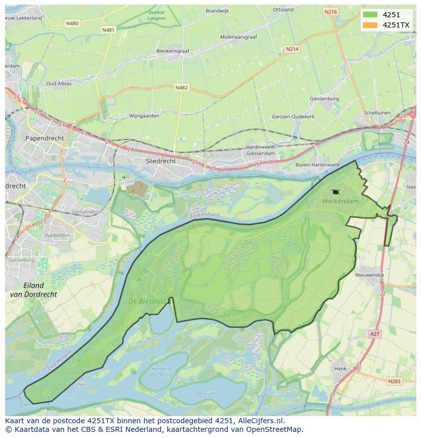 Afbeelding van het postcodegebied 4251 TX op de kaart.