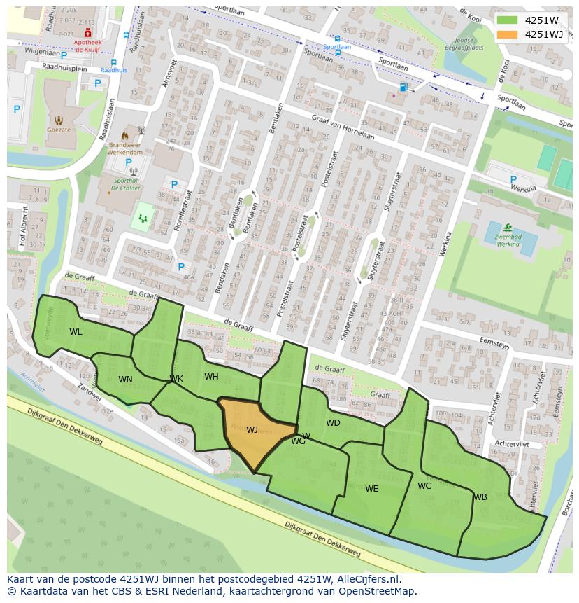 Afbeelding van het postcodegebied 4251 WJ op de kaart.