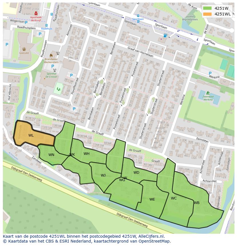 Afbeelding van het postcodegebied 4251 WL op de kaart.