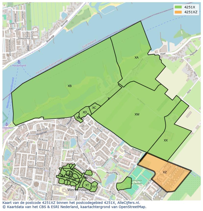 Afbeelding van het postcodegebied 4251 XZ op de kaart.