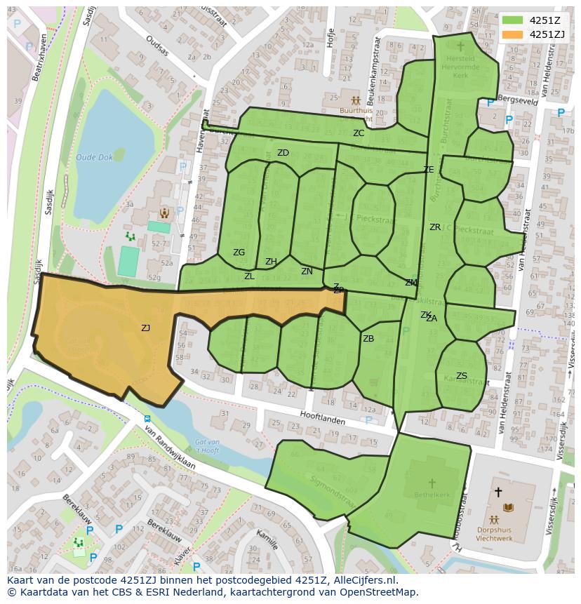 Afbeelding van het postcodegebied 4251 ZJ op de kaart.