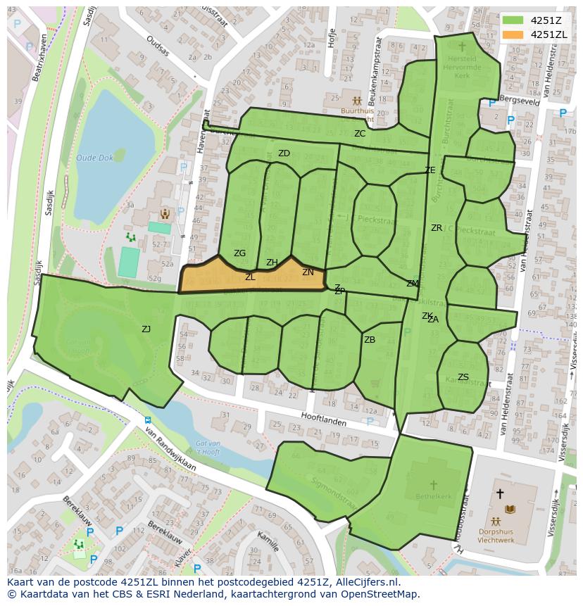 Afbeelding van het postcodegebied 4251 ZL op de kaart.