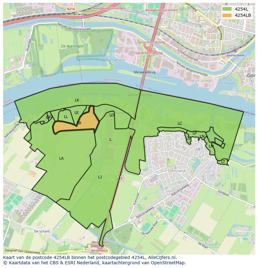 Afbeelding van het postcodegebied 4254 LB op de kaart.